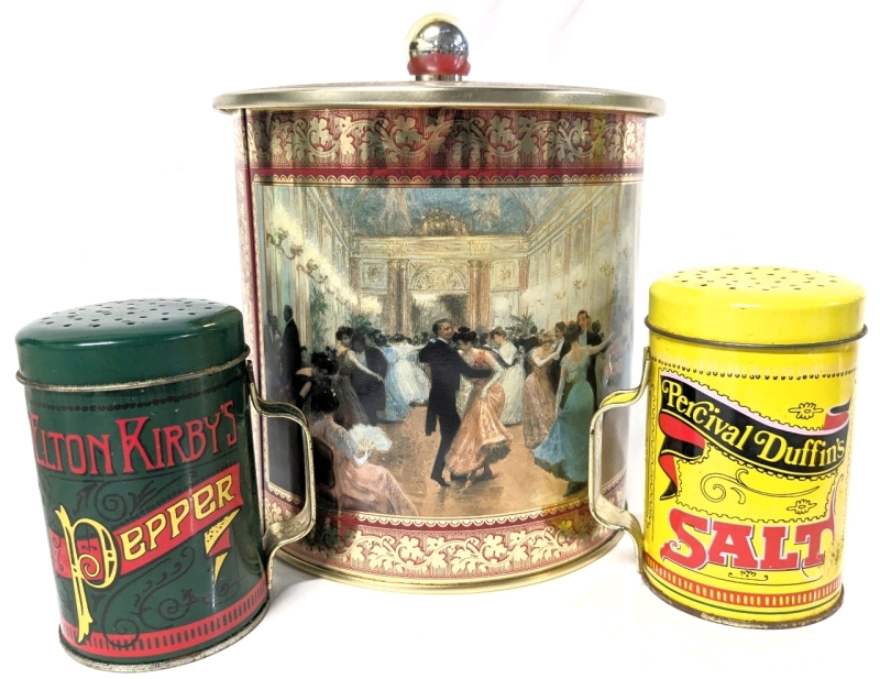 Large Lidded Biscuit Tin & Retro Tin Salt + Pepper Shakers (Percival Duffin's Salt & Elton Kirby's Pepper ) | 4" - 6.5" Tall