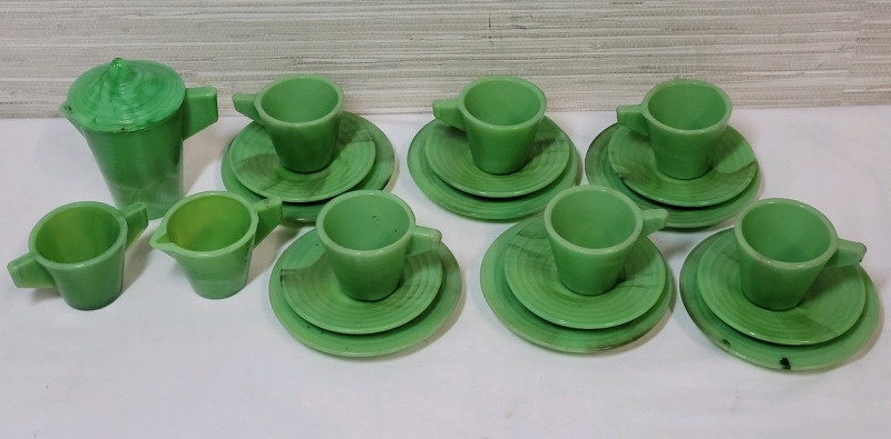 Vintage Akro Agate Jadeite Green Children’s Tea Set . Pitcher , Plates , Cups , Saucers , Sugar & Creamer . Complete Set .