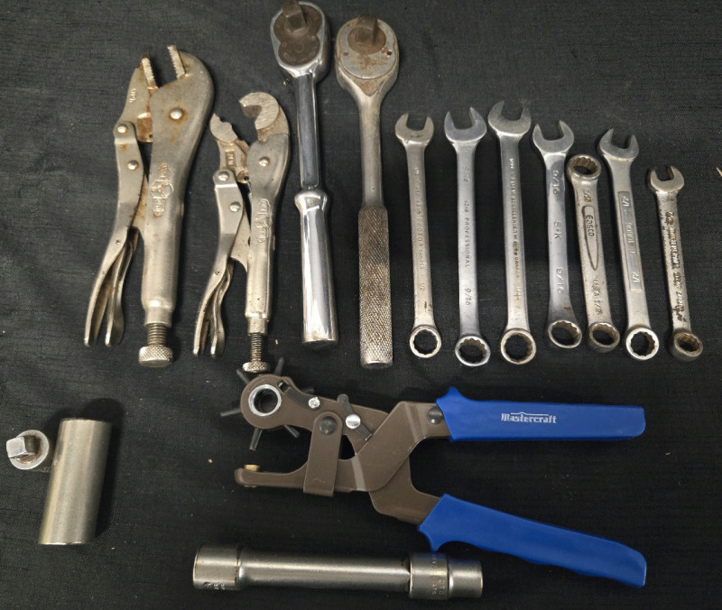 Lot Of 15 Assorted Tools | Includes But Isnt Limited To; 9/16 -½ Wrenches, 2 10" Long Ratchets & 2 Vice Grips From 7"-9" Long