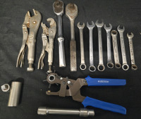 Lot Of 15 Assorted Tools | Includes But Isnt Limited To; 9/16 -&frac12; Wrenches, 2 10" Long Ratchets & 2 Vice Grips From 7"-9" Long