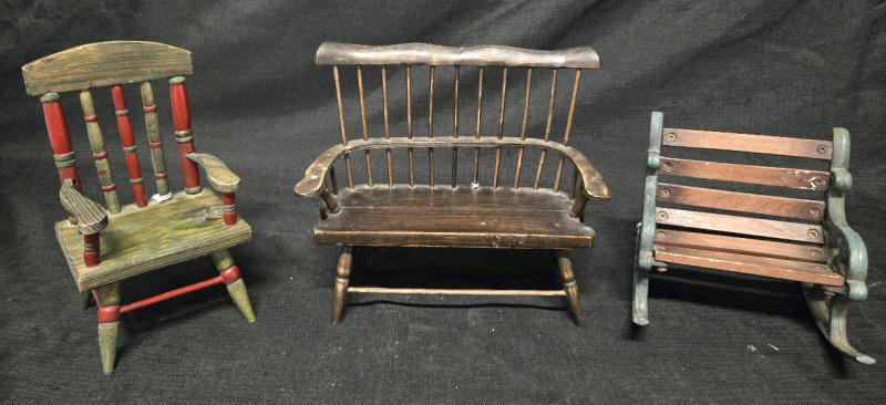 Miniature Wooden Furniture | 1 Wooden Arm Chair, 1 Wooden Rocking Chair With Metal Accents & 1 Wooden Bench Ranging From ( 6" - 8" Tall )