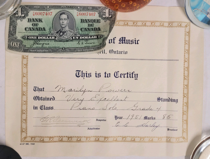 1937 Canadian Bank of Canada One Dollar Bank Note with Festival of Music Piano Solo Recognition Award Dated 1951