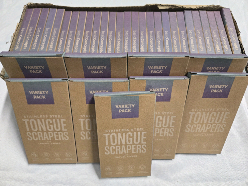 36 New | Basic Concepts Packs Of 2 Stainless Steel Tongue Scrappers With Travel Cases * Vendor Lot Retails for $640 ÷ 36 =$17.78 Each *