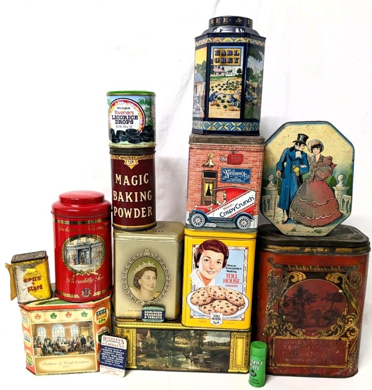 Treasure Trove of Vintage Tins : Coronation, Picadilly Tea, Buckley's Cinnamated Capsules, Toll House, Magic Baking Powder+ | 1" - 9" Tall