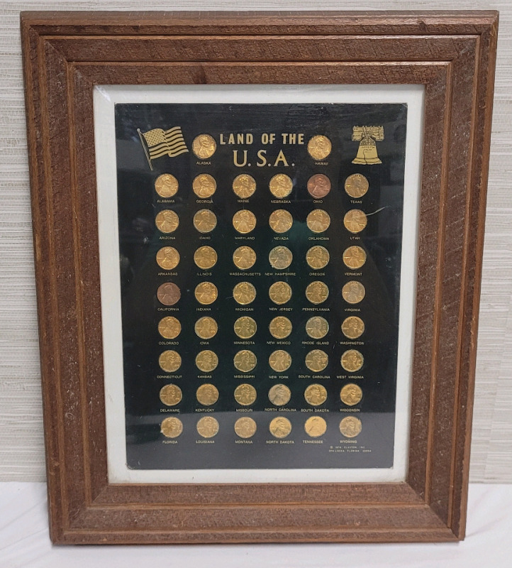 1974 Land of the U.S.A. Stamp Lincoln Penny Set in Frame . 50 Pennies with State Stamp on Each