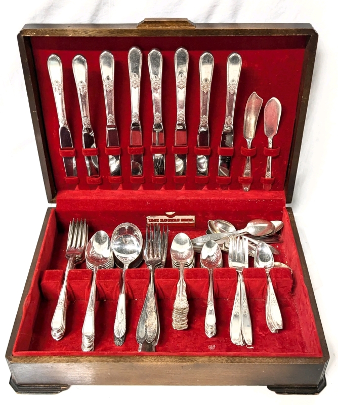 Vintage 1847 Rogers Bros. Wooden Silverware Case with Assorted Silverware Pieces | 14.5" x 10.25" x 3.75"