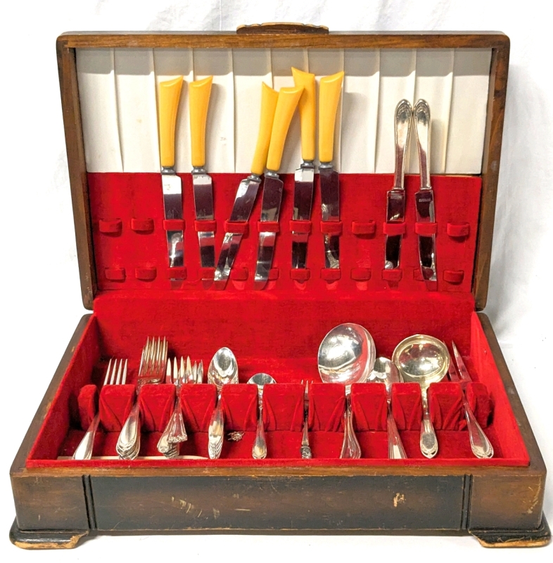 Vintage Lined Wooden Silverware Case with Assorted Silverware & Serving Utensils incl Horn-Handled, Rogers Bros, Stanley & More | 17.25" x 13" x 3 7.5" Tall