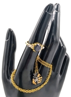 Great Gold Tone & Black Enamel Skeletal Hand Holding Dark Heart Necklace on 18" Chain & Size 7 Gold Tone Ring with Clear Rhinestones & Glittery Focal Stone