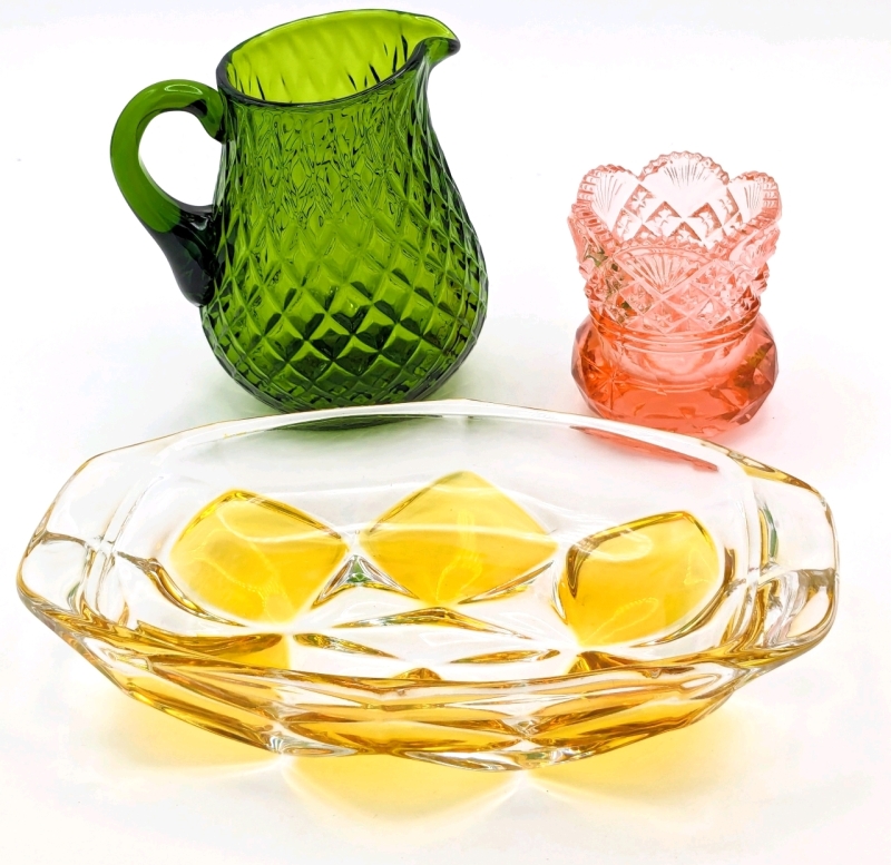 3 Vintage Glass Pieces : Green Glass Creamer, Pink Glass Toothpick Holder & Clear + Yellow Glass Candy Dish | 1.3" - 3.8" Tall