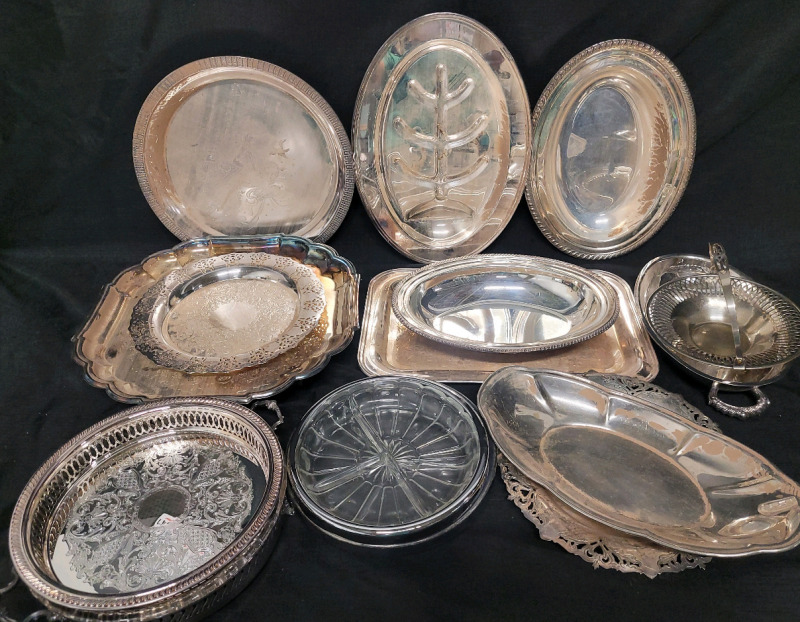 Silver Plate Lot . Serving Trays , Fish Trays , Condiment Trays . 14 Pieces . Would benefit from cleaning before use