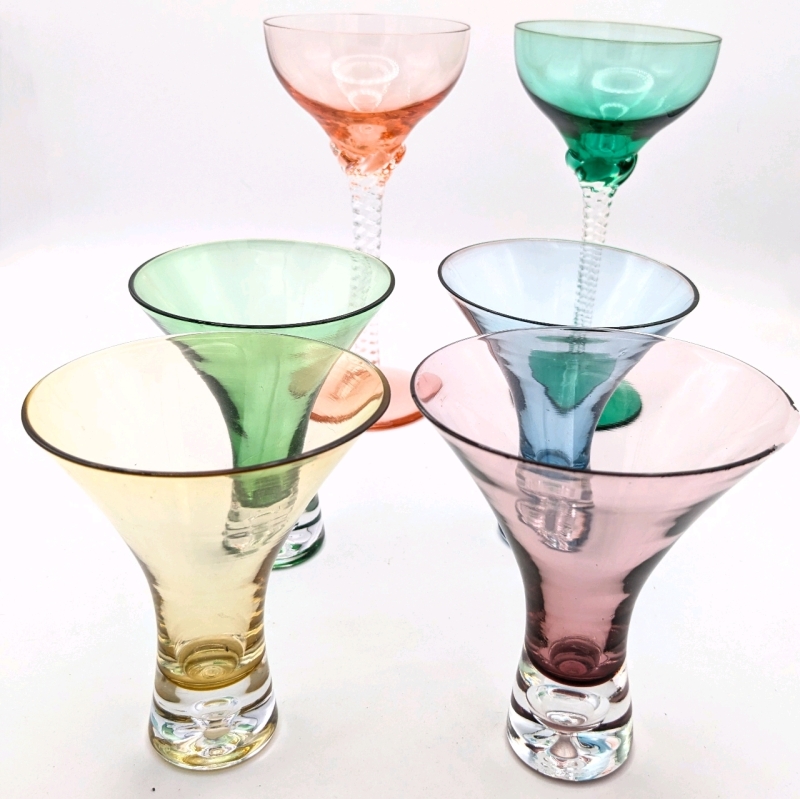 4 Colorful Artland Cocktail Glasses & 2 Tall Pink & Green Cocktail Glasses with Applied Twisted Clear Glass Stems | 4" - 7" Tall