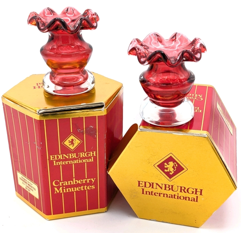 2 Vintage Edinburgh International Cranberry Hand Cut 24% Lead Crystal Minuettes with Original Boxes | 2.25" Candlesticks 081-321