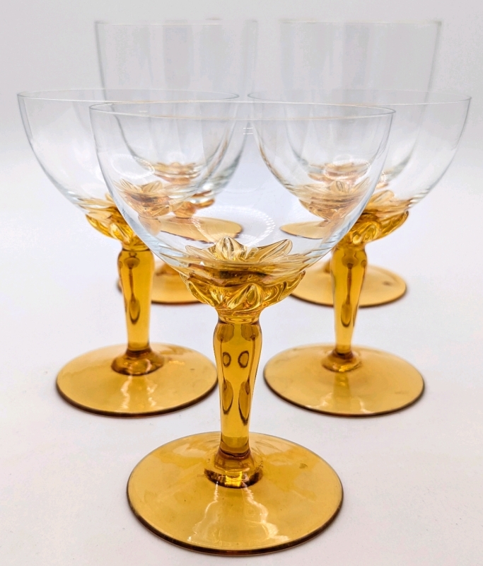 5 Clear Glass Cocktail Glasses with Amber Yellow Glass Stems | 4" - 5" Tall