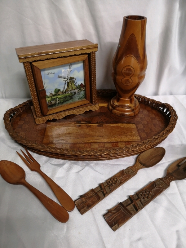 Vintage Wooden Vase, Tray, Spoons & Forks +