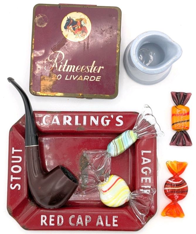 Vintage Red Cap Ale / Stout Ashtray, Ritmeester Tin Cigar Box, Wooden Medico Smoking Pipe, Handle-less Ceramic Restaurant Creamer & 4 Blown Art Glass Candies