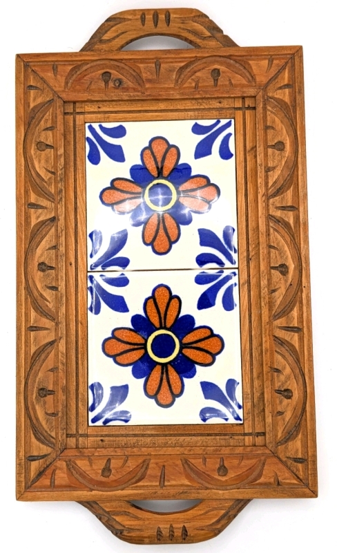 Gorgeous Wood Framed Mexican Del-Tile Ceramic Trivets Serving Tray | 14.5" x 8"