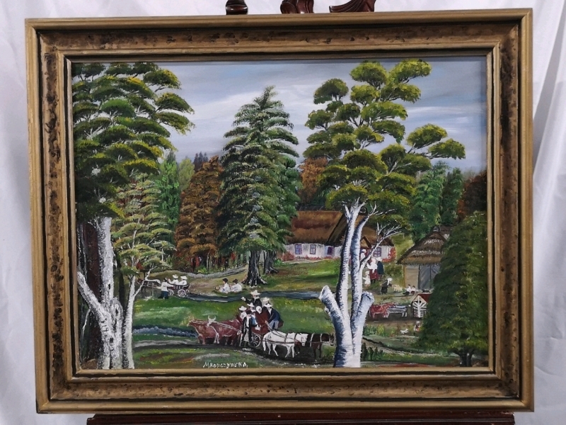 Vintage Framed Painting on Canvas Signed - Village Scene