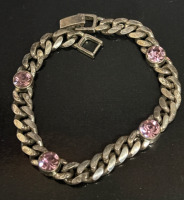 Sterling Curb Chain with Pink CZ Bezel Stones Line Bracelet