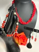 Red Coral Style stick bead Toggle Bracelet & Earrings