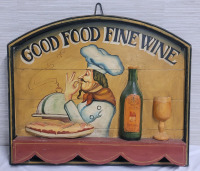 " GOOD FOOD FINE WINE " Wooden Home Decor Wall Sign . Measures 23.5"×20"