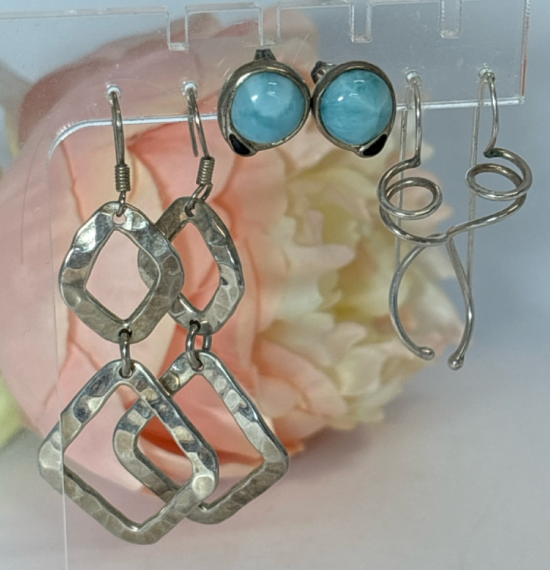 Three Earrings Larimar & Threaders & Sterling Hammered Pierced