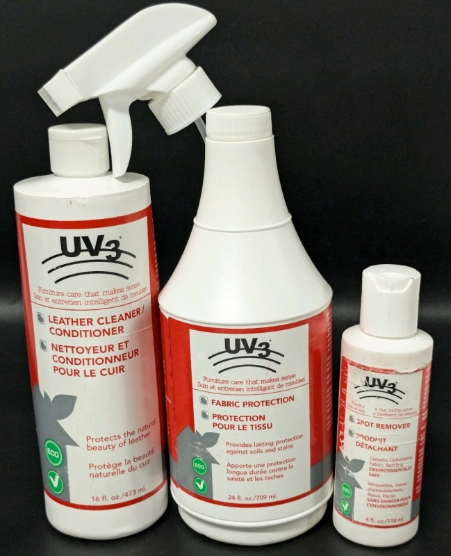 New & Not: UV3 Furniture Care | Fabric Protection Spray (709ml) , Leather Cleaner & Conditioner (473ml), Partial Spot Remover (118ml*) & Spray Nozzle