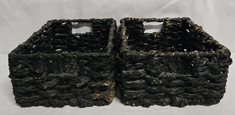 2 Black Woven Wicker Baskets For Storage ( 9" x 12" x 5.5" )