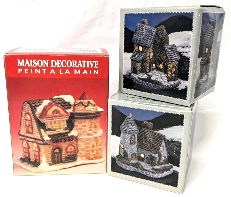 Vintage 5" Tall Lighted Cottage Charmers: Ivy Cottage & English Village & Ceramic Gift Shop Tea Light Holder (5") & 6 Christmas Figures (1.8" - 2.6")