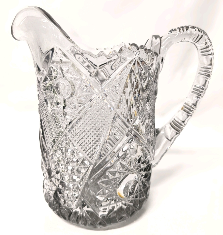 Vintage Heavy Pressed Lightly Smokey Glass Pitcher with Sunflowers, Daisies & Geometric Patterns | 7.5"