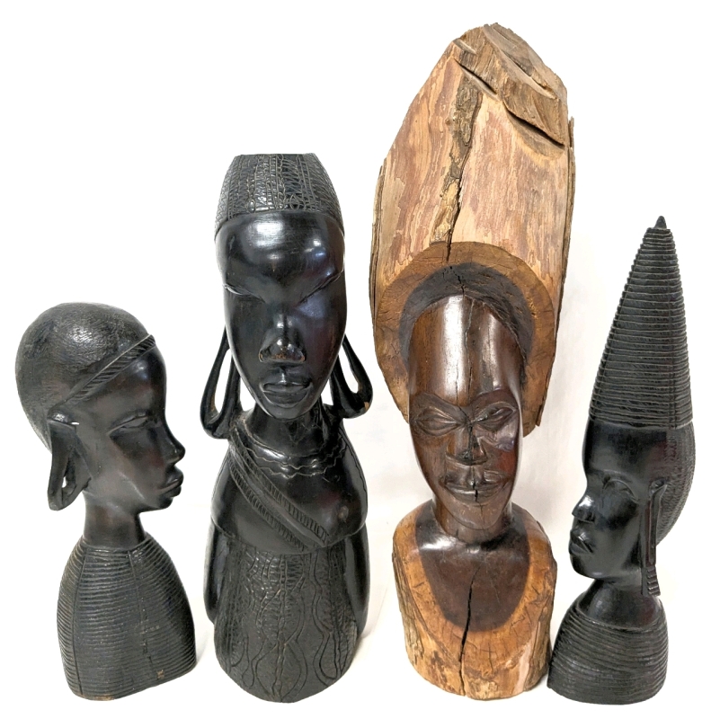 4 Heavy Carved Wooden Busts | Up to 16.75" Tall