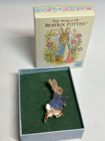 Vintage Fish & Crown Beatrix Potter 22 CT Plate Brooch in Original Box