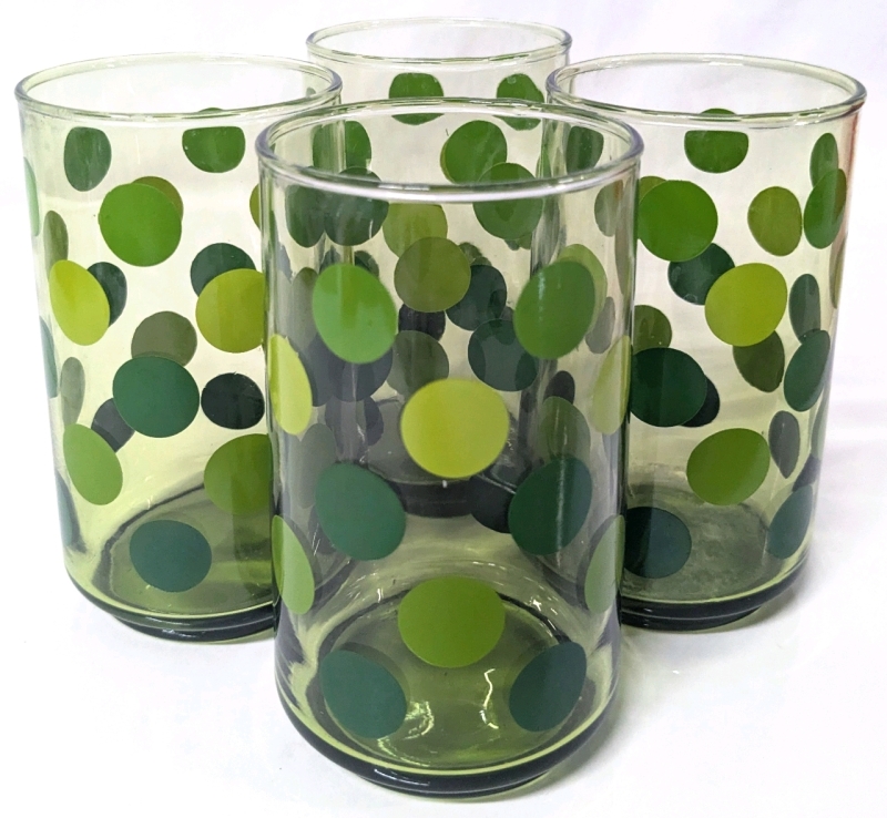 4 Fun Vintage Green Glass & Polka Dots Drinking Glasses | 3.5" Diameter x 4.75" Tall ea