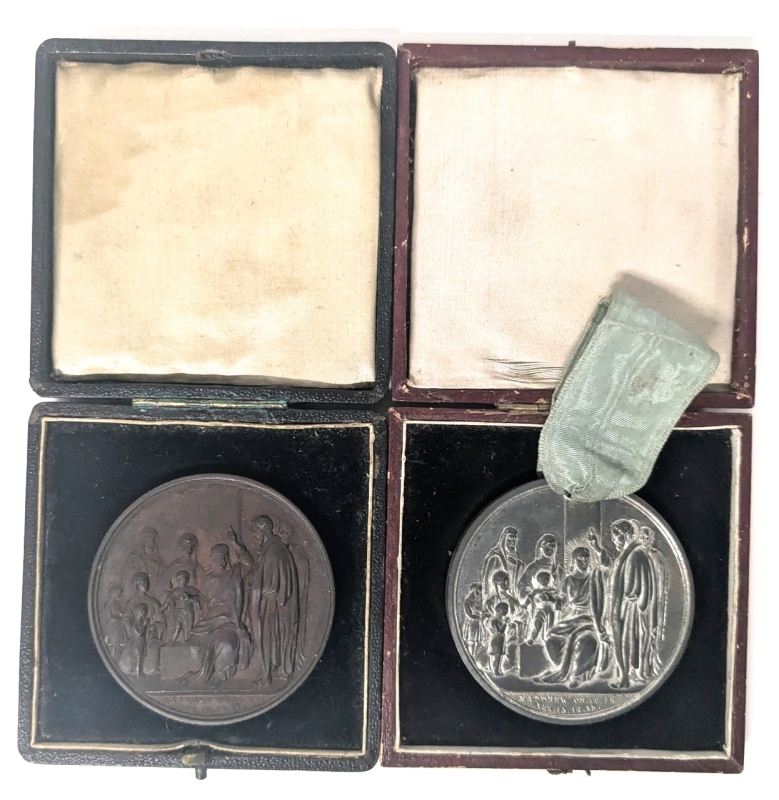 2 Antique 1891 / 1896 "Never Absent, Never Late" Award Medallions from St. Mark's Sunday Schools | New Milverton | With Cases