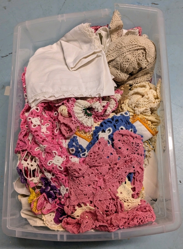 Bin Full of Vintage Linens : Lace, Doilies, Handkerchiefs, Placemats, Dishtowels + More