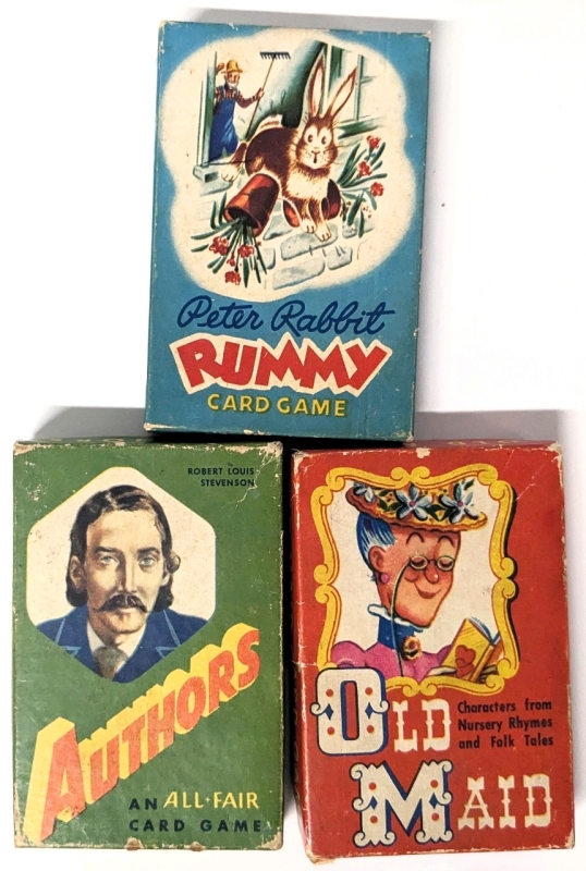 3 Vintage Card Games Manufactured in Canada: Peter Rabbit Rummy, Old Maid & Authors