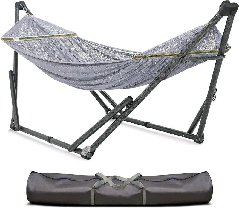 New - Tranquillo Uniki Hammock w/Foldable Hammock Stand, 550 lbs Capacity , No Screws Needed, Premium Carry Bag Included, Grey . Retail $160 , Stock photos used