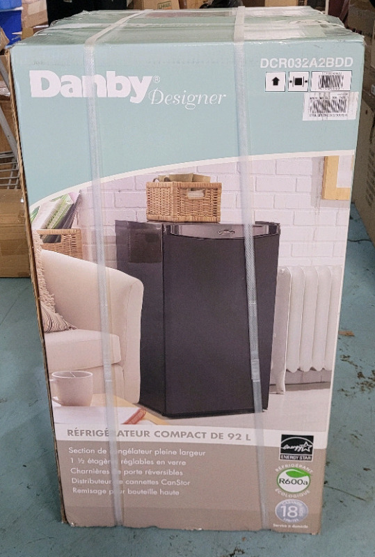 New , Sealed - Danby Designer Mini Bar Refrigerator , 3.2 CuFt , Black . Model # DCR023A2BDD . Retail $260