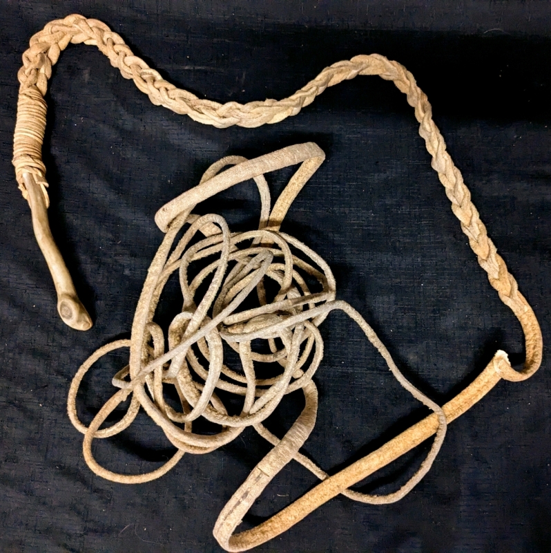 Rare Vintage (Possibly Older) Primitive Dog Sled Musher's Whip with Real Bone Handle | 27.5' Long Whip with 10" Long Bone Handle