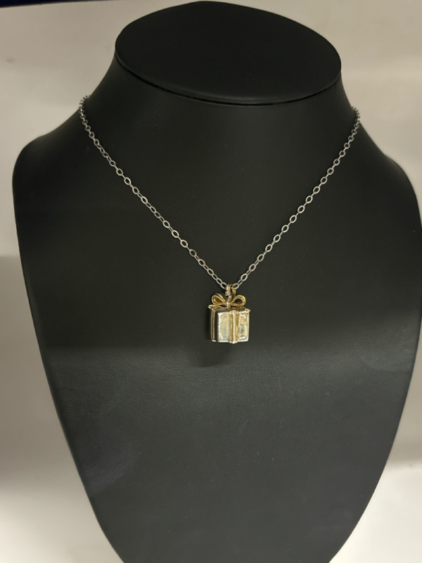 Sterling Silver BGE Necklace Wrapped Present Small Diamond 24k GP Gift Of Love