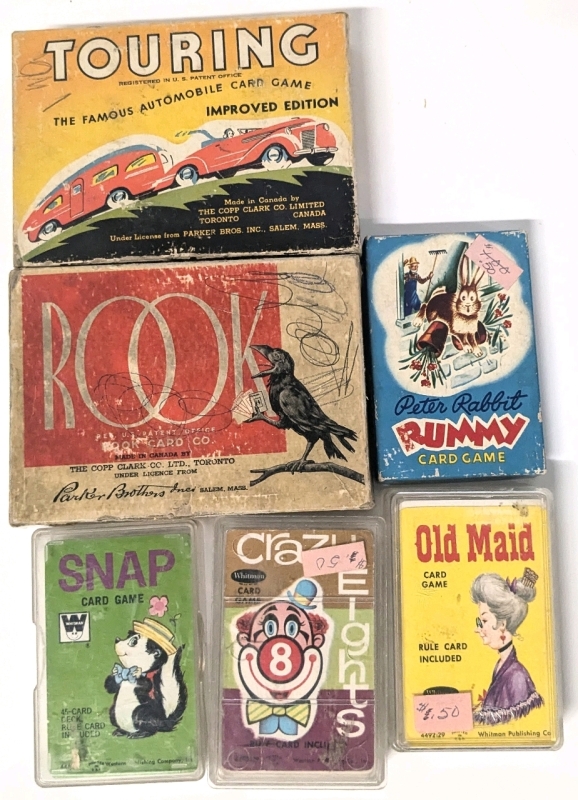 Assorted Vintage Card Games : 1947 Rook, Peter Rabbit Rummy, 1947 Touring (Improved Edition), Old Maid, Crazy Eights, Snap