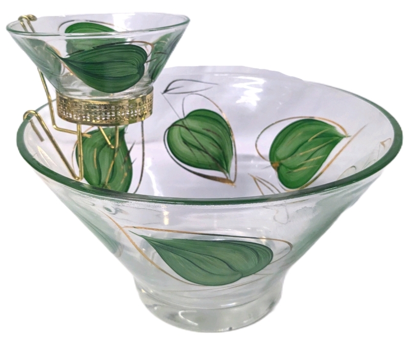 Stunning Vintage Unsigned Anchor Hocking Chip & Dip Bowl Set with Handpainted Leaves & Gold Accents