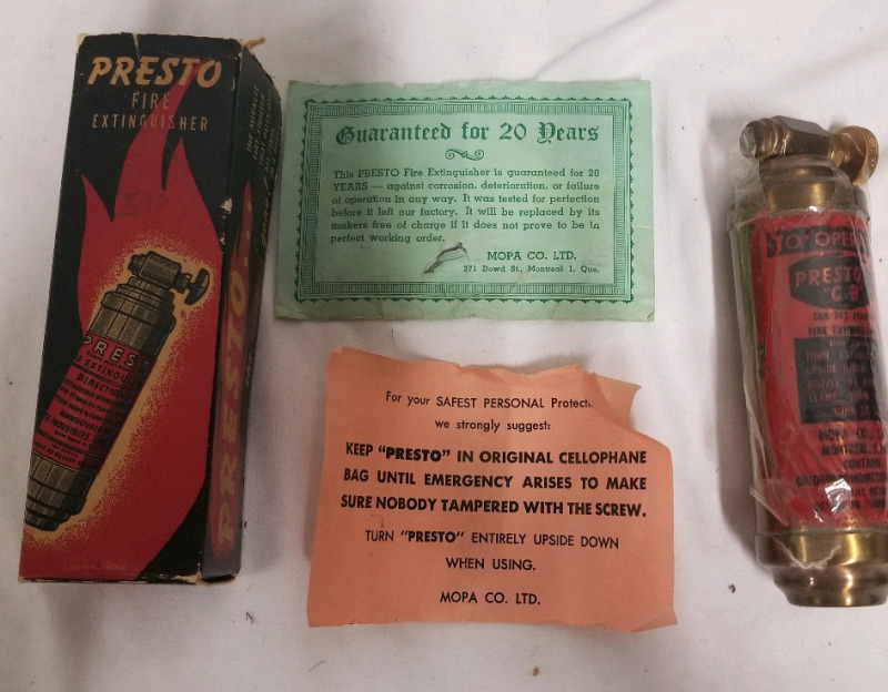 Vintage brass mini PRESTO fire extinguisher with box etc.