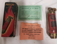 Vintage brass mini PRESTO fire extinguisher with box etc.