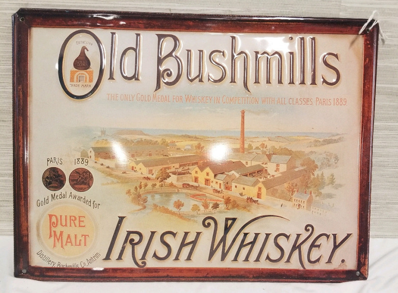 Old Bushmills Irish Whiskey tin sign 15 1/2" by 11".