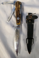 Vintage Puma-Werk Solingen Game Keeper knife w/sheath. Skinning blade, Awl, and Bone saw with animal Antler handle. 5.5" Blade, 9.5" Length.