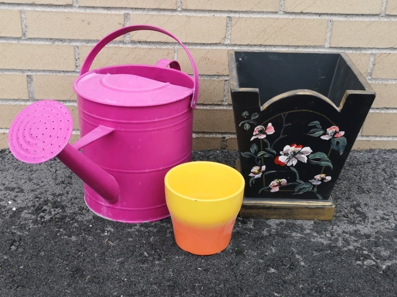 Metal Watering Can + Wooden Planter Box 9"x9"x10.5" H & Planter Pot 5" H
