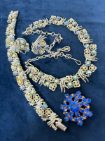 CORO Blue Rhinestone Set Vintage Necklace Bracelet Earrings Parure