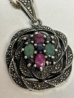 Lovely Vintage 925 Sterling Silver Multi-Stone Marcasite Ruby Emerald Pendant Italy 925 Chain