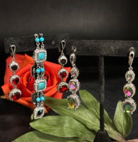 Statement Articulated Pierced Earrings Mystic Topaz Ruby Glass Faux Turquoise Bracelet All Rhinestones