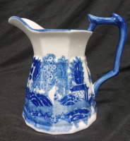 Vintage Large Victorian Asian Pattern Water Pitcher Delft Blue 8 1/2" To Spout, 5" Diameter